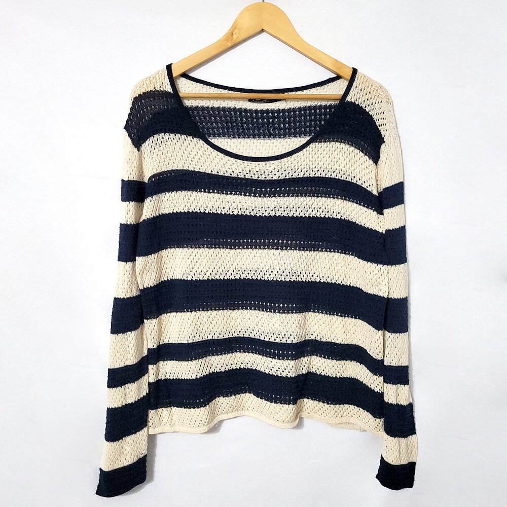 Peruvian Connection Womens Pima Cotton Long Sleeve Mesh Top Size S Stripe Preppy